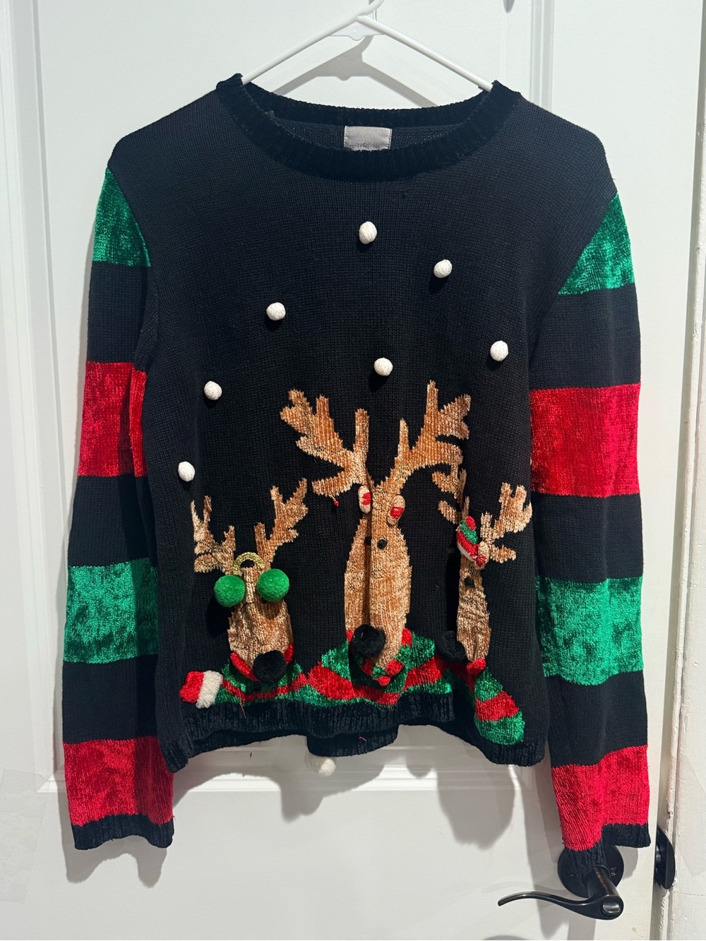 VTG Berek Reindeer Ugly Christmas Sweater M 3D Pom Poms Velvet Sleeves